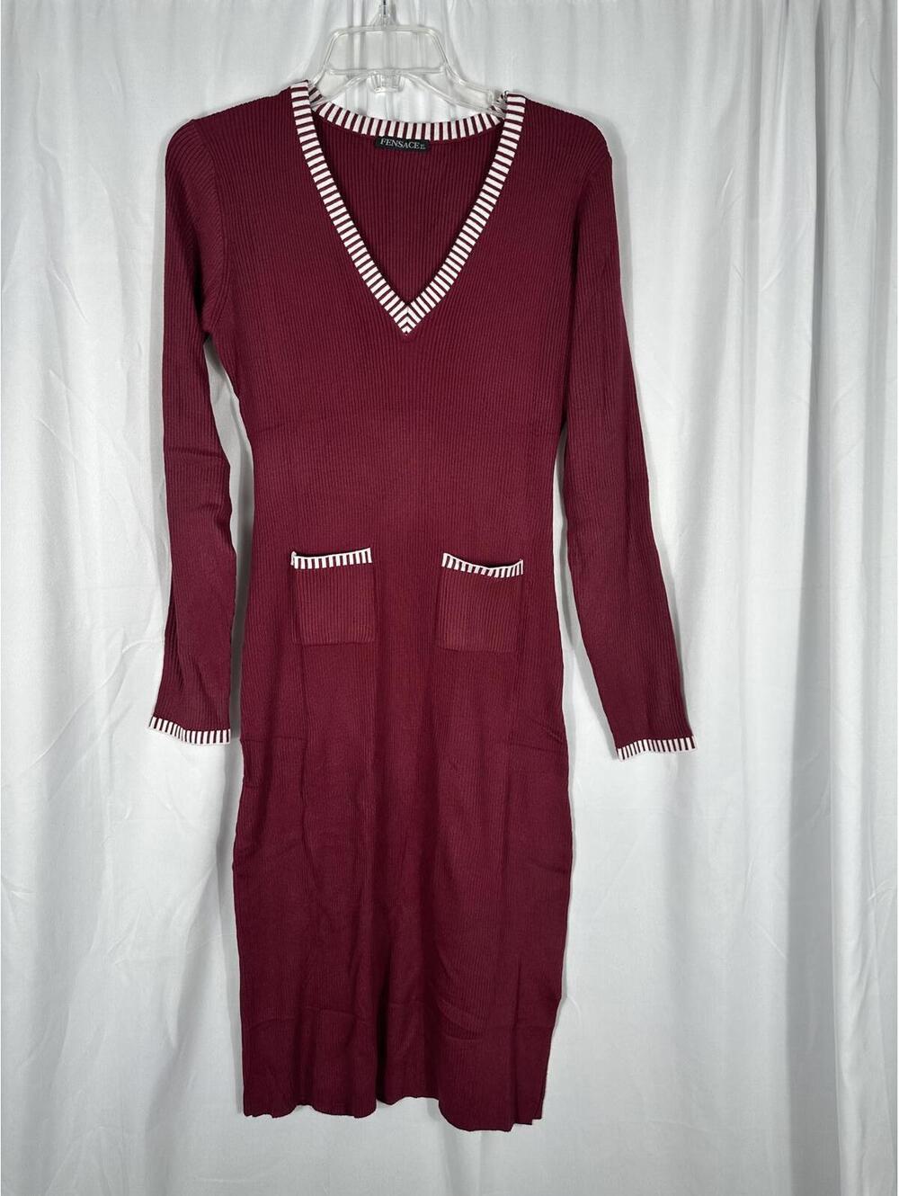 Fensace Burgundy Ribbed Knit Dress with Contrast Trim and Pockets XL